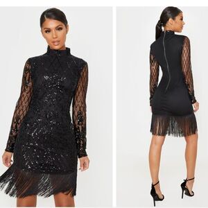 PrettyLittleThing Black Long Sleeve Sequin Tassel Hem Bodycon Dress Size 2